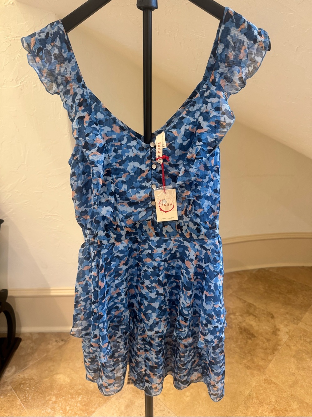 RAGA Blue Boho Multi-Print Ruffle Tiered Mini Dress